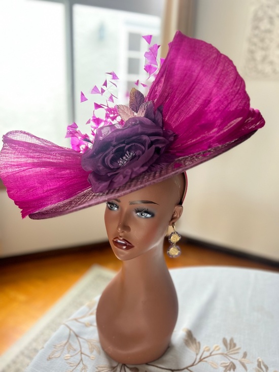 Fuchsia Pink and Deep Purple Hat Fascinator with Abaca Silk oversized bow and 10 main image 6